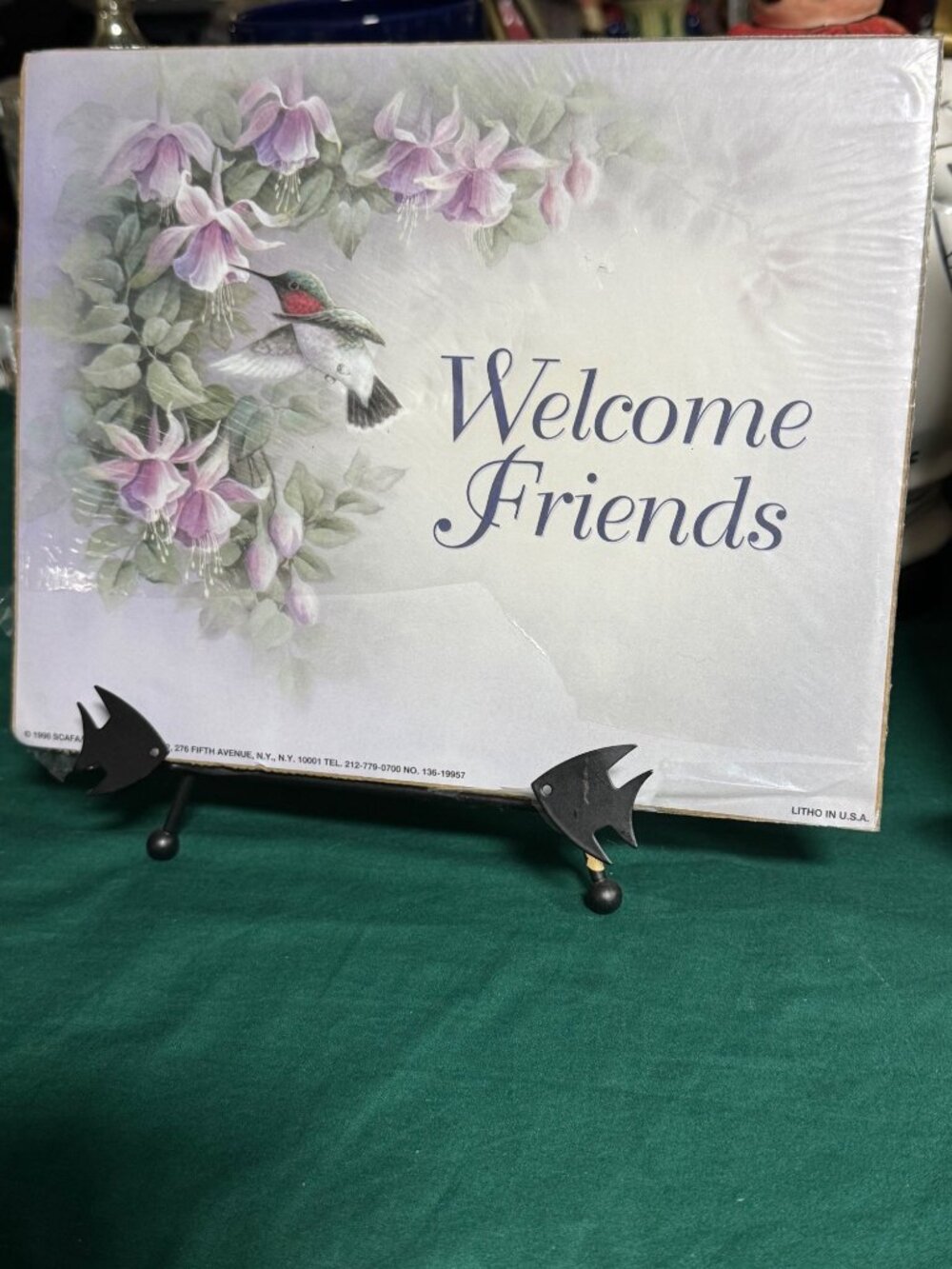Welcome Friends Hummingbird Floral Wall Art Print Litho In U.S.A.